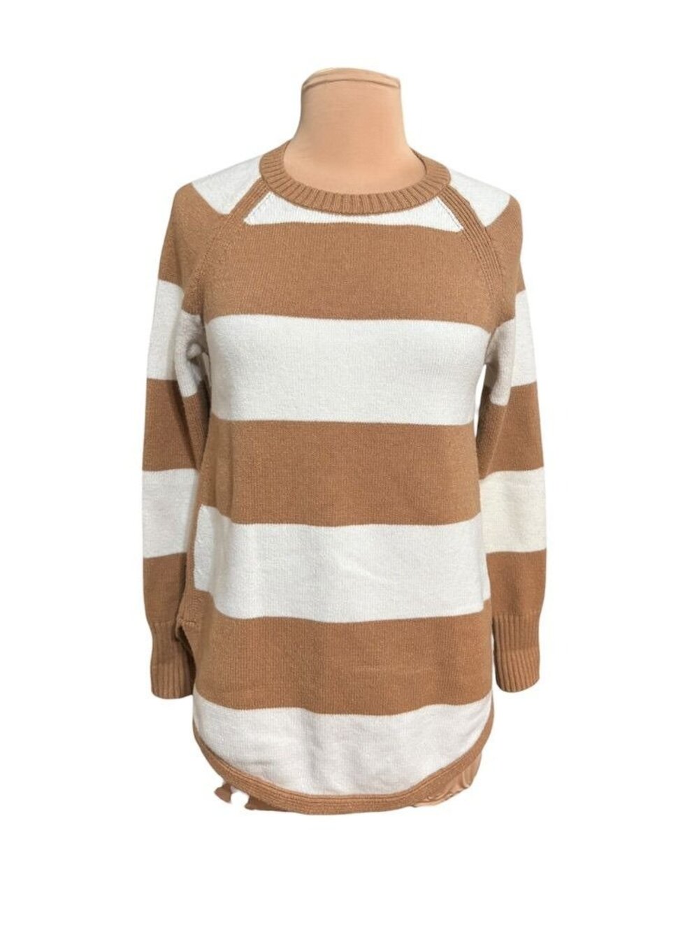 Anthropologie Striped Sweater XS Camel Tan Ivory Cashmere Blend Preppy Classic